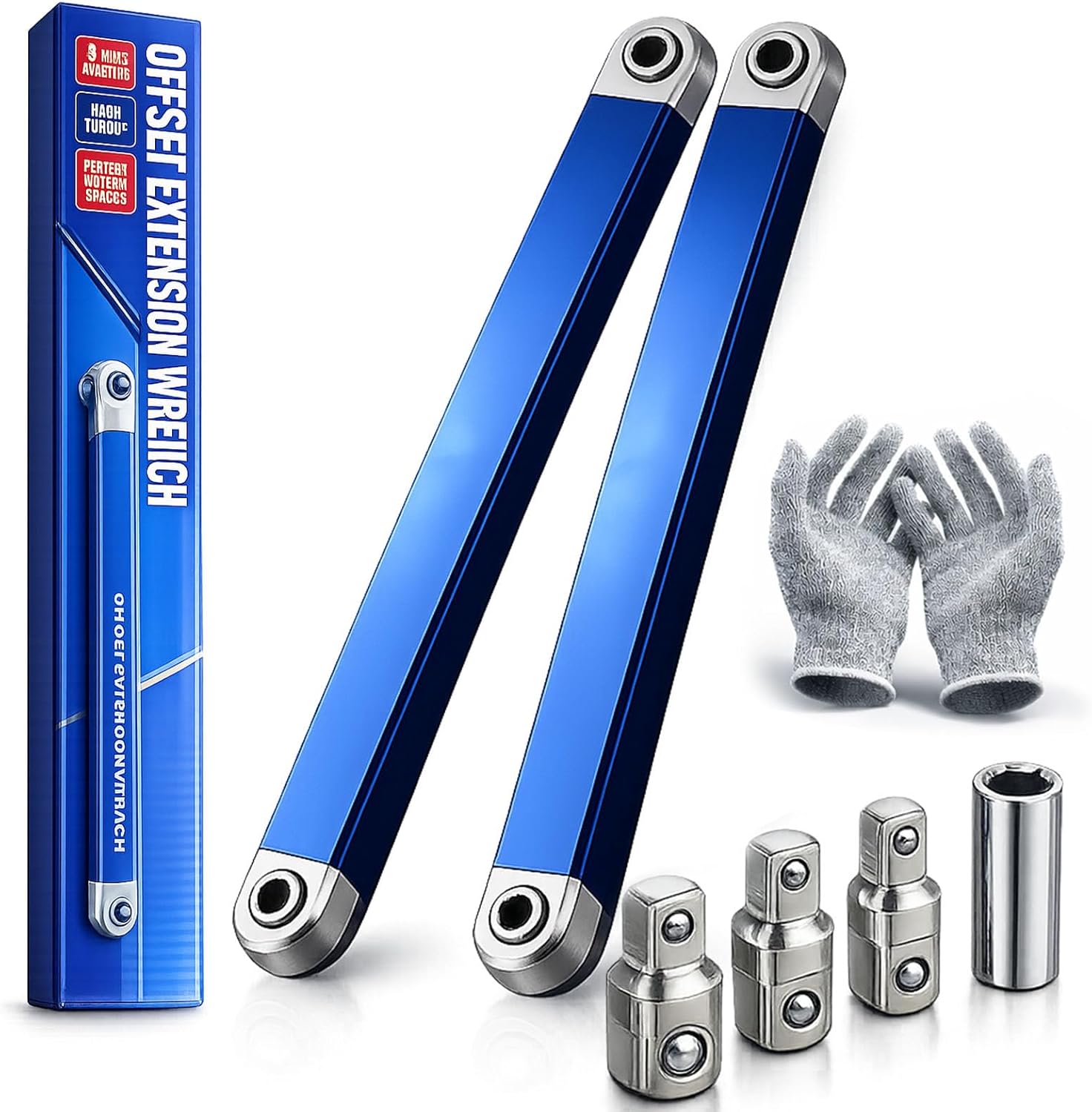 Pro - Offset Extension Wrench Set, 15-Inch Impact Ready Tight Reach Tool with 1/4", 3/8" & 1/2" Drive Adapters - High Torque Zero Offset Ratchet Extender for Automotive & Hard-to-Reach Spaces (2PCS)