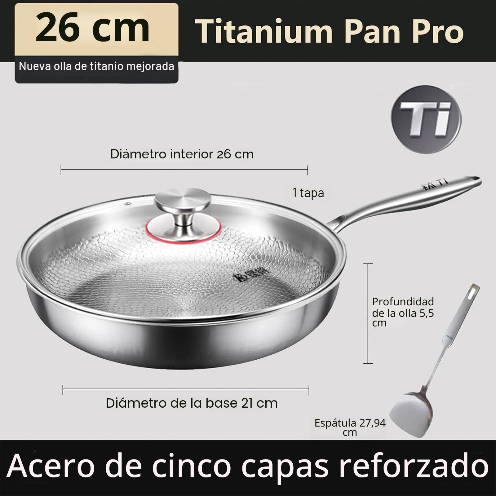 Sartén de titanio puro, sartenes de titanio puro martillado para cocinar, resistente a los arañazos, antiadherente, apta para lavavajillas, sartén martillada con tapa, compatible con todas las placas