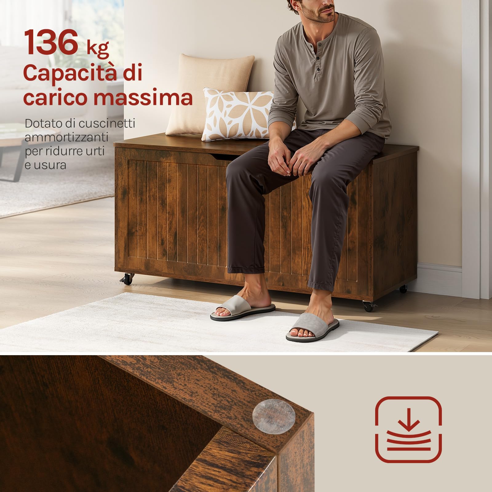 WOLTU Panca Contenitore con Ruote e 2 Cerniere di Sicurezza, Cassapanca Multiuso 100x40x50,5 cm, per Camera da Letto, Ingresso, Soggiorno, in Legno, Marrone Rustico