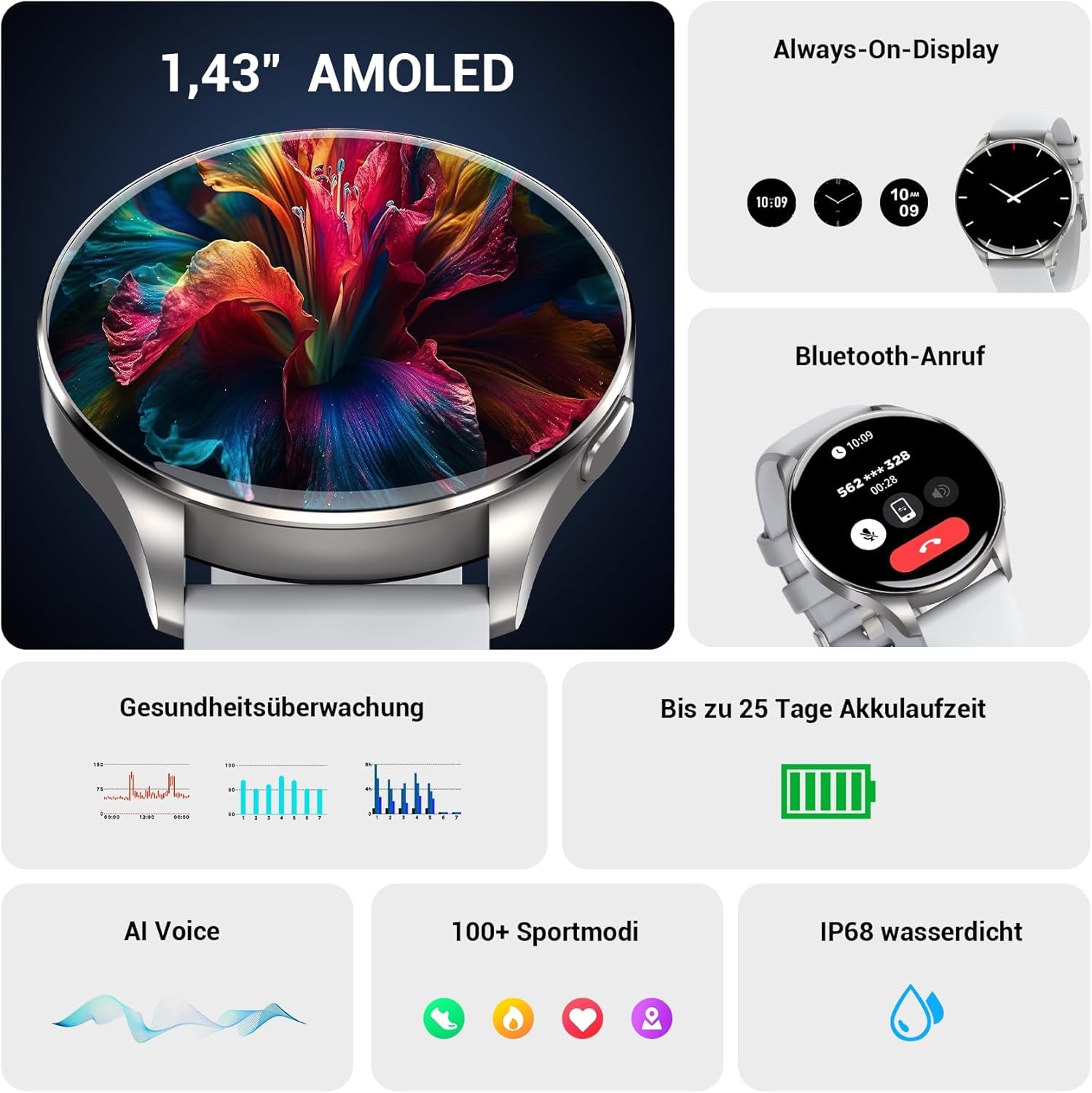IOWODO Smartwatch Elegante con Display AMOLED 1,43", Chiamate Bluetooth, Orologio Intelligente Uomo Donna IP68, Monitoraggio Salute e Sonno, 110+ Sport, 2 Cinturini, Android iOS