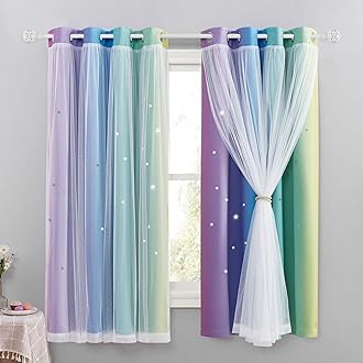 NICETOWN Kids Blackout Curtains - Stars Cut Out Thermal Curtains for Nursery Girls Boys Bedroom Living Room Rainbow Drapes with Eyelet, 2 Panels W52 x L63 Inch (132x160 cm), Purple Blue Green Yellow
