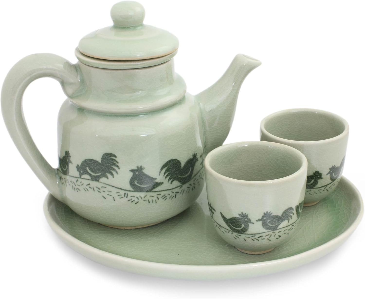 NOVICA Happy Elephants (Set for 2) Celadon Ceramic Tea Set
