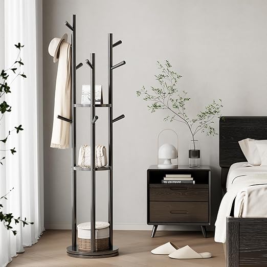 KungFuWood Coat Rack, Solid Wood Rotary Coat Rack Stand, Freestanding Coat Rack with 3 Shelves and 9 Hooks, Sturdy and Easy to Assemble Coat Tree for Entryway, Bedroom, Coats, Bags (Black)