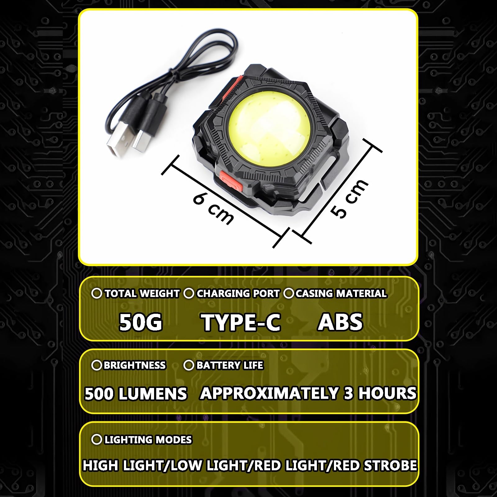 Lampe LED Tactique pour Casque – 500 Lumens, Charge de Type C, 4 Modes, Compatible avec Les Casques MICH, Poids Léger (50 G)
