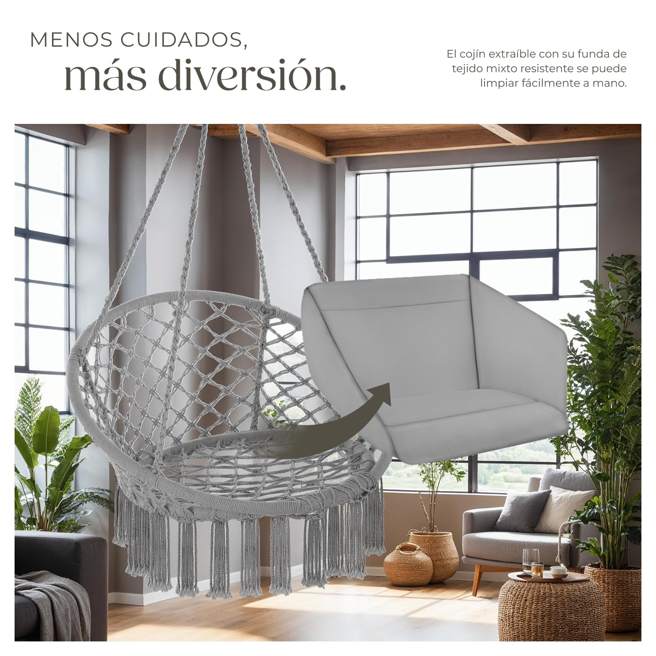 tectake® Columpio Jardín Exterior, Silla Colgante con Cojín Grande y Mullido, Sillón Balancín con Estructura Estable de Acero, Hamaca Colgante para Interior y Exterior, Trenzado en Algodón - Gris