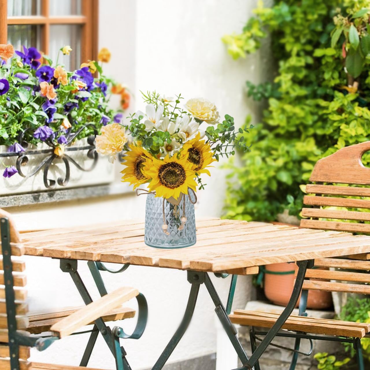 Artificial Flowers with Glass Vase, Fake Flower Bouquet Faux Sunflower in Vases for Home Dcor Flowers Modern Home Decor Table Decorative Flower Vase for Dinner Office Bedroom, Yellow