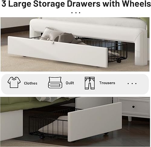Miniatura 6 de Base de cama tapizada de tamaño Queen con 3 cajones de almacenamiento y cabecero, cama de almacenamiento Queen de piel sintética con estación de