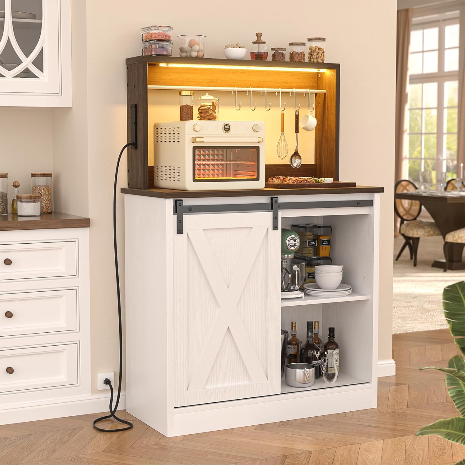 Homieasy Farmhouse Coffee Bar Cabinet with Charging Station & Led Lights, Charming Buffet Cabinet with Hutch, Customizable Storage with Barn Door Style, Perfect for Kitchen, Living Room, Brown/White