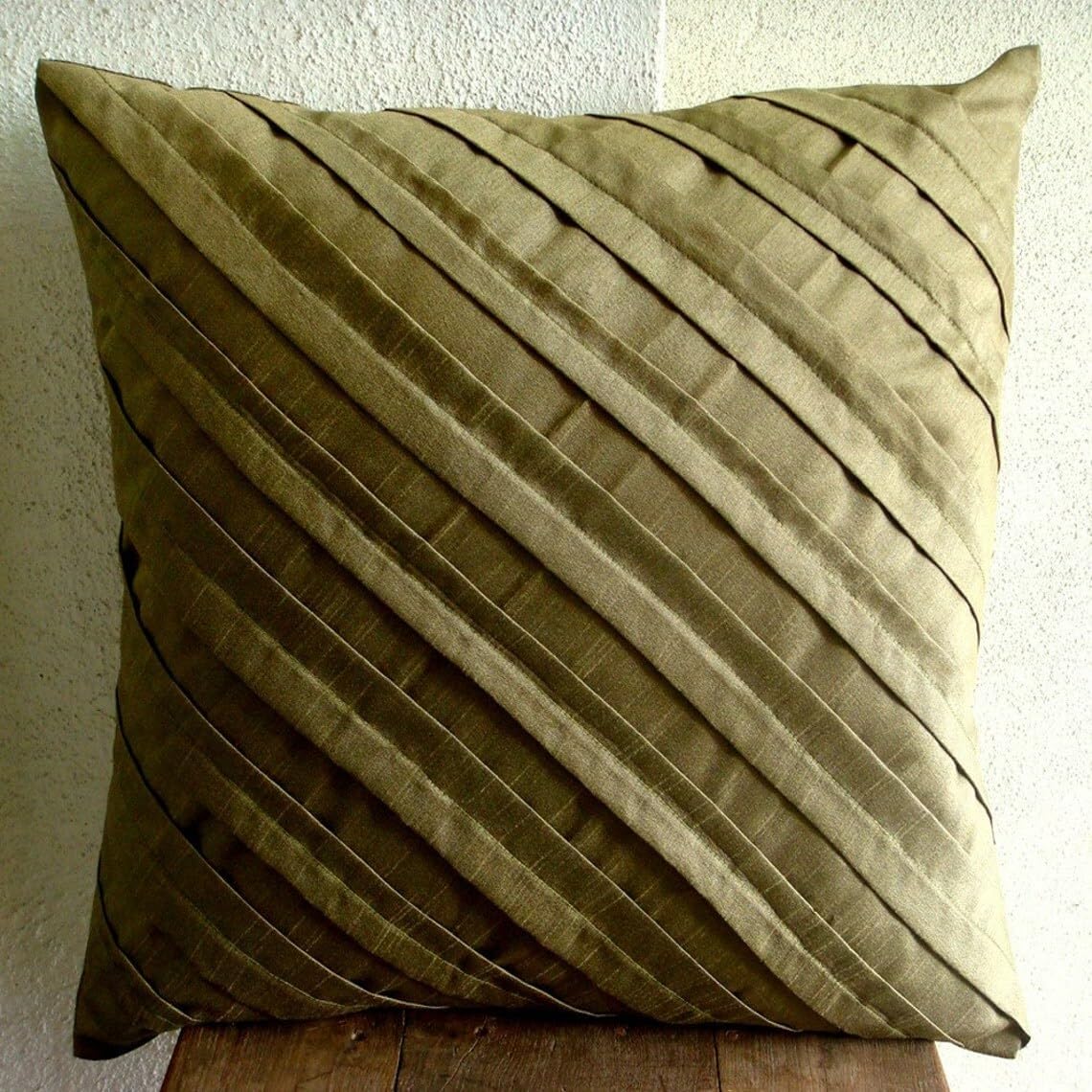 The HomeCentric Cushion Covers for Couch, Decorative Earthy Green Pillow Covers 16x16 inch (40x40 cm) Silk Pillow Covers for Couch, Striped, Pintucks, Textured, Modern Accent Throw - Earthy Affair