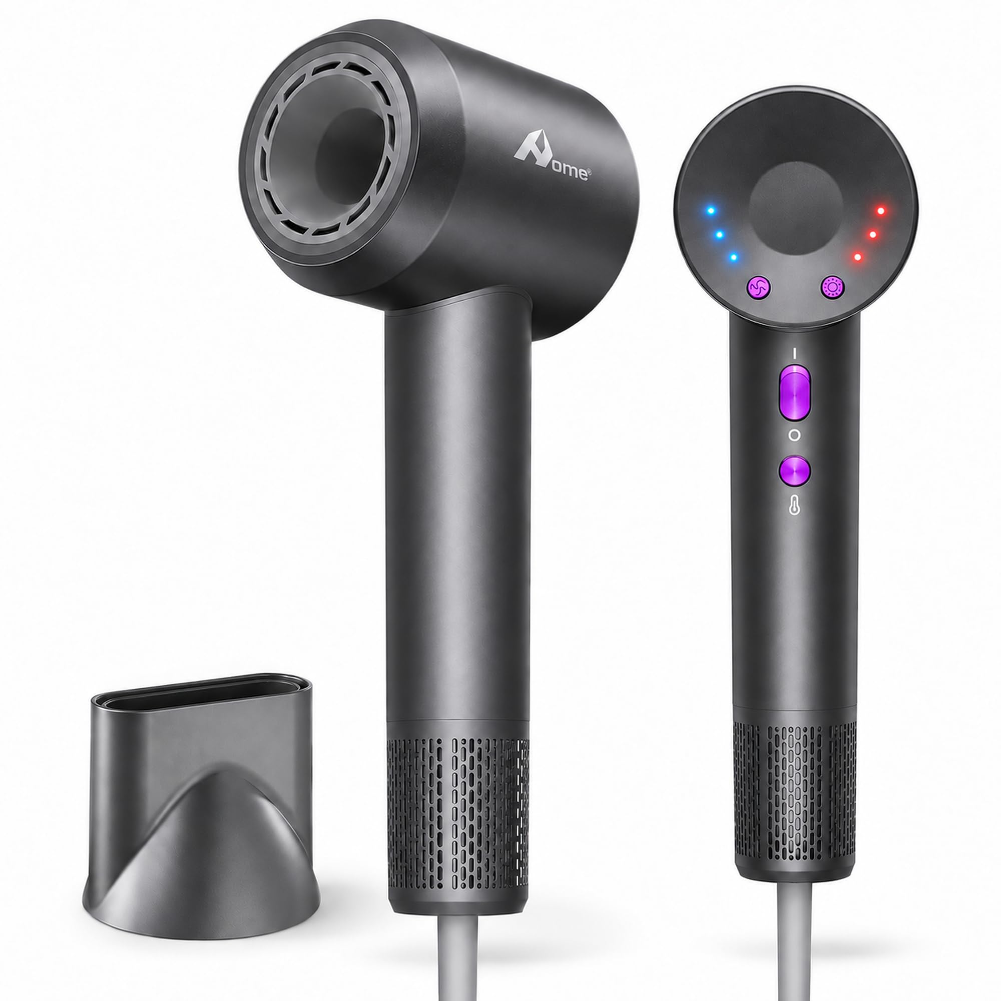 Home Sèche-cheveux ionique haute vitesse, moteur 110 000 tr/min, 1600 W, buse de coiffage magnétique, séchage rapide, silencieux, protection contre la surchauffe, gris