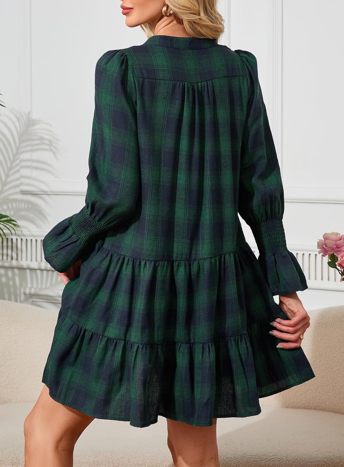 Ladyful Women's Long Sleeve Plaid Mini Dress Vintage V Neck Tiered Checkered Babydoll Ruffle Flowy Dresses - Image 3