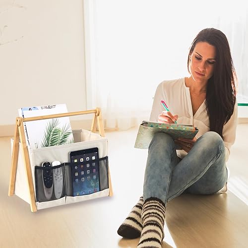 Miniatura 3 de EZDeco Soporte para revistas, revistero, organizador plegable de tela de metal para revistas, con 6 bolsillos de almacenamiento, cartas, organizador