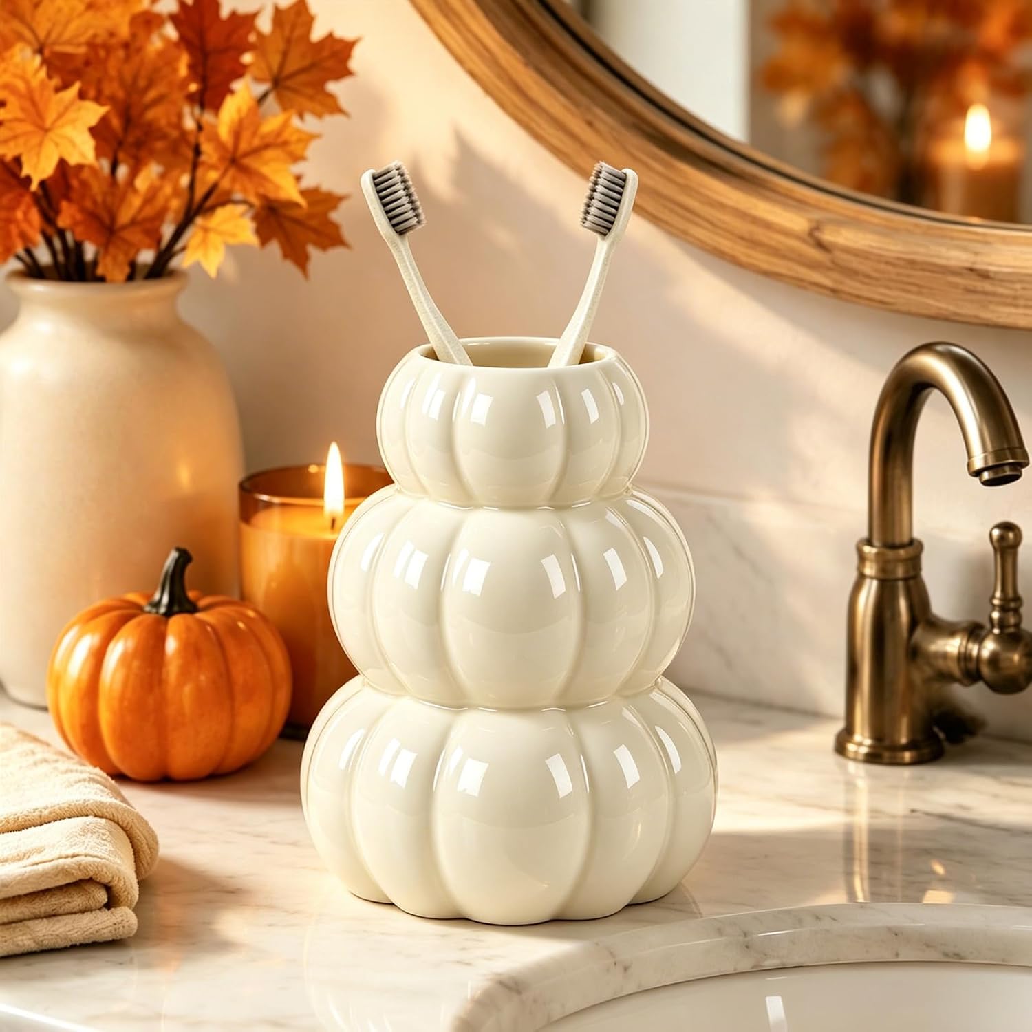 FYSUIMU Fall Toothbrush Holder Ceramic Toothbrush Cup, Stacked Pumpkin