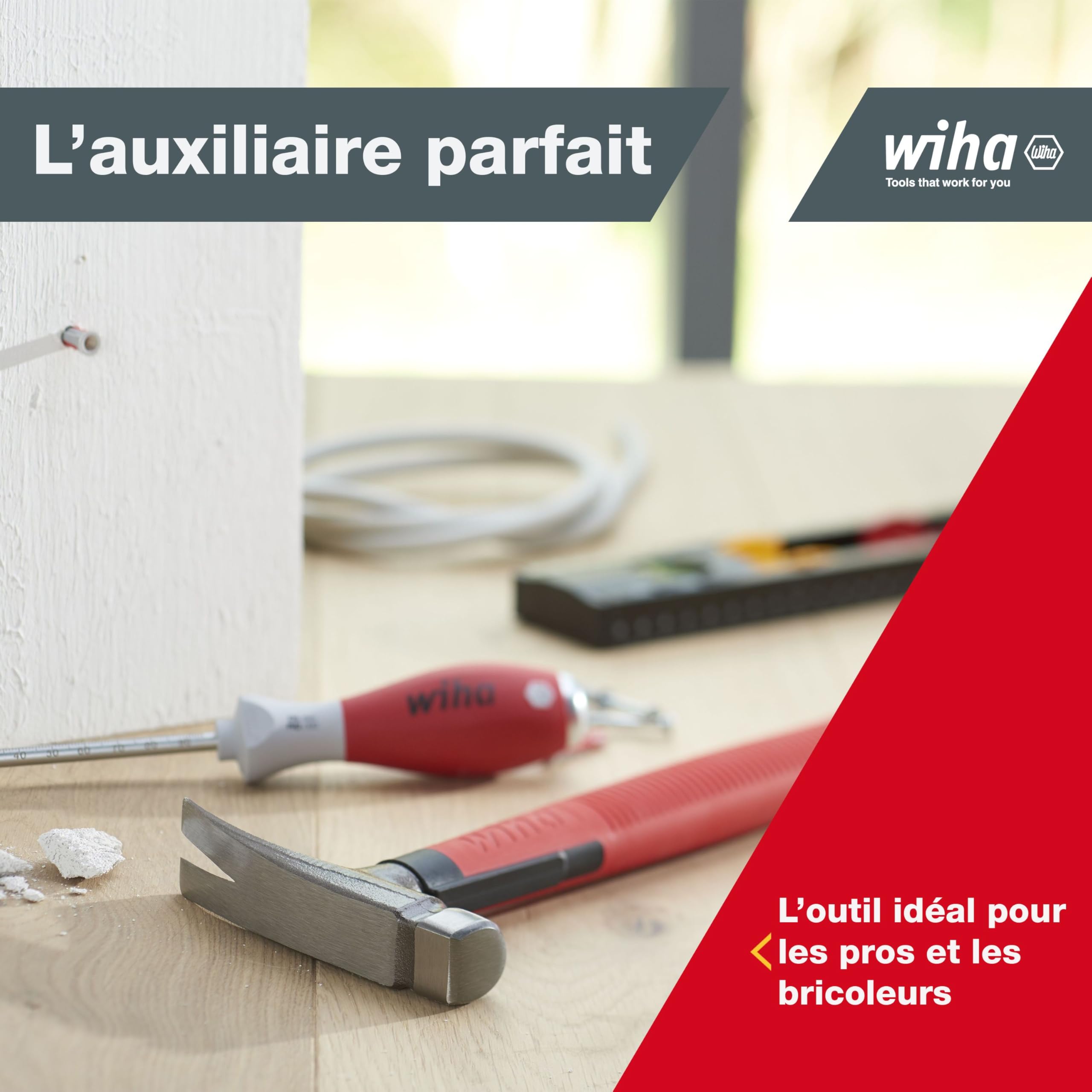 Wiha Marteau d'électricien (42071) Outil d'électricien, fond plat du manche du marteau pour placer les câbles et les chevilles | (42071) Tool for electricians I flat handle end for positioning cables and wall plugs I ergonomic grip