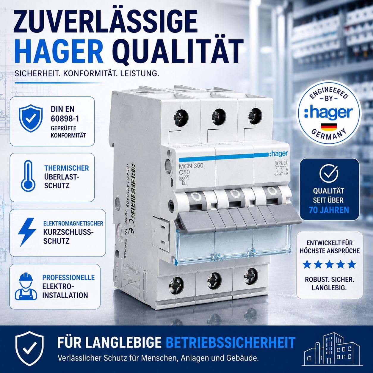HAGER MCN350 Leitungsschutzschalter 3 polig 50A, C-Charakteristik, 6kA Sicherungsautomat 3P für Drehstrom, biconnect Klemmsystem, LS-Schalter für Hutschiene, 3 Module, 230 400V AC