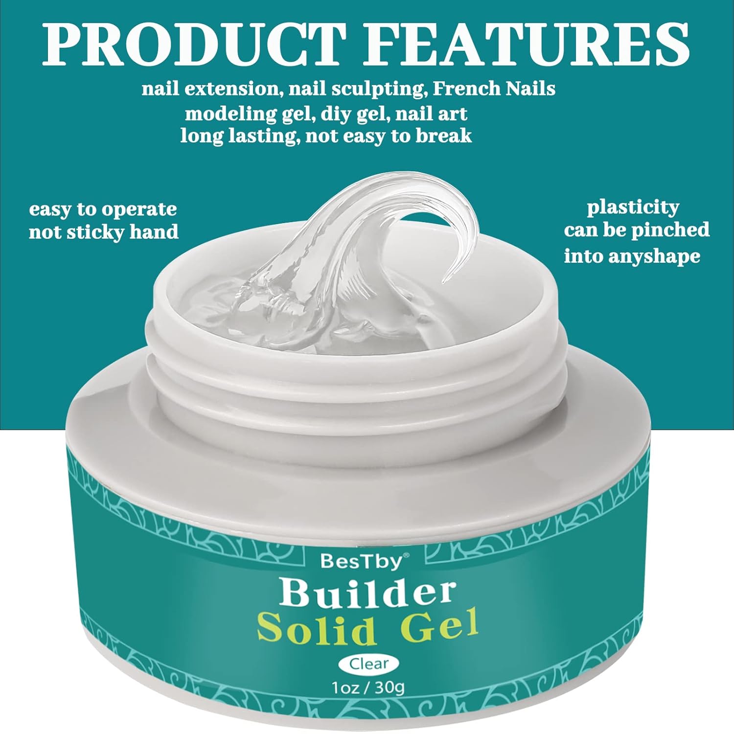 BesTby Solid Builder Nail Gel - Solid UV/LED Clear Nail Extension Gel, Easy to Operate and Shape, Non-Sticky Hand Solid Builder Nail Gel for DIY 3D Sculpture Modeling Nails, Gel Solido Para Uñas Nail Art Supplies (1oz/30G) : Beauty & Personal Care