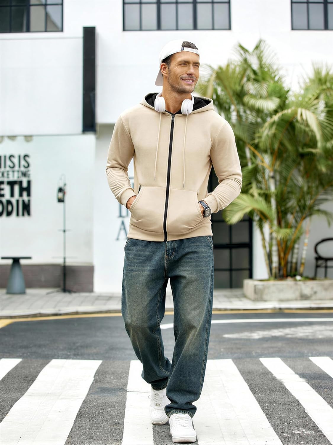 Mens Zip up Fleece Hoodie Long Sleeve Sweatshirt with Zipper Pocket Lightweight Sports Hooded jacket Khaki - Image 5