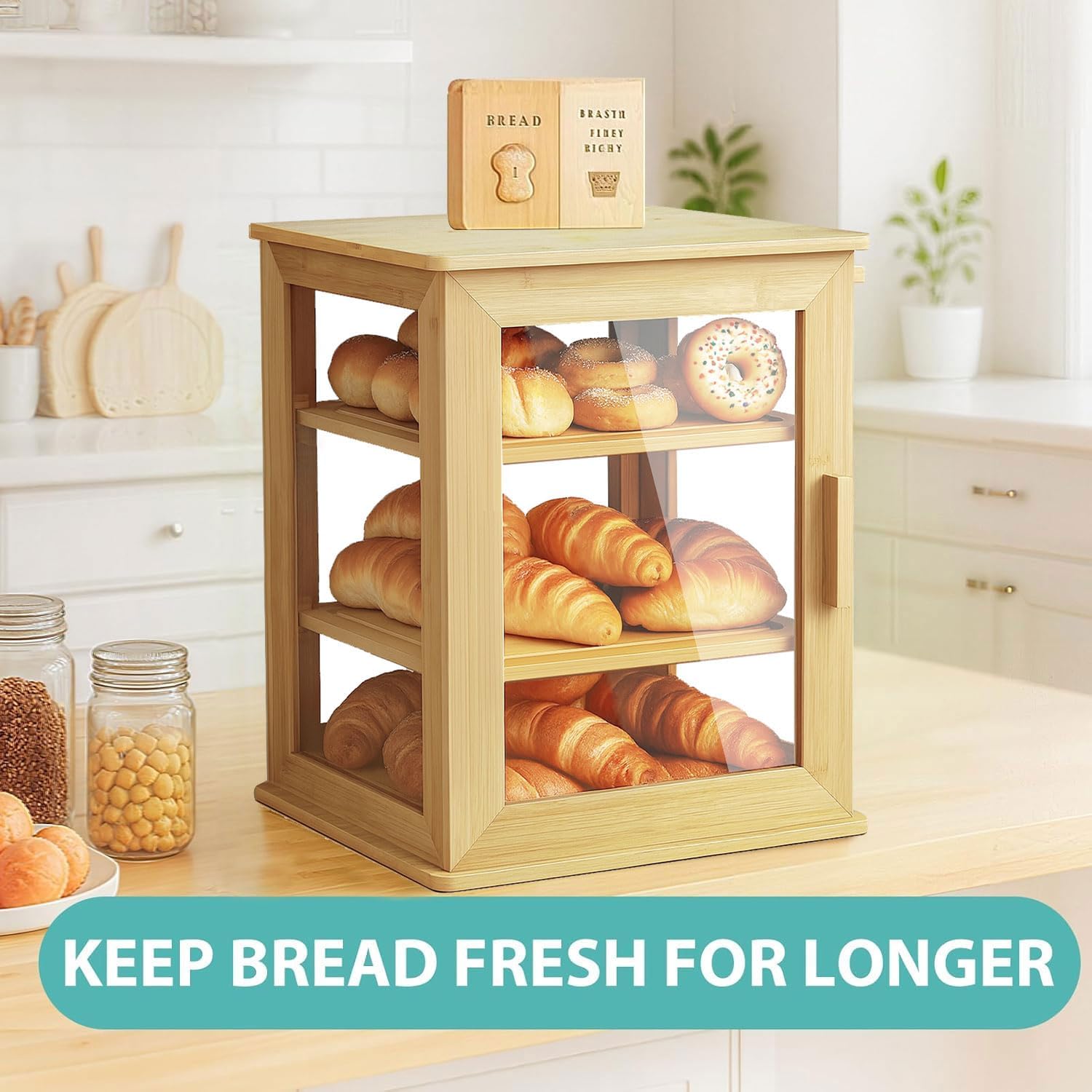 Bread Box,Pastry Display Case,Bread Holder for Kitchen Counter, Wooden Large Capacity Bread Storage Bin Breadbox Organizer for Kitchen Counter Corner（Raw wood）