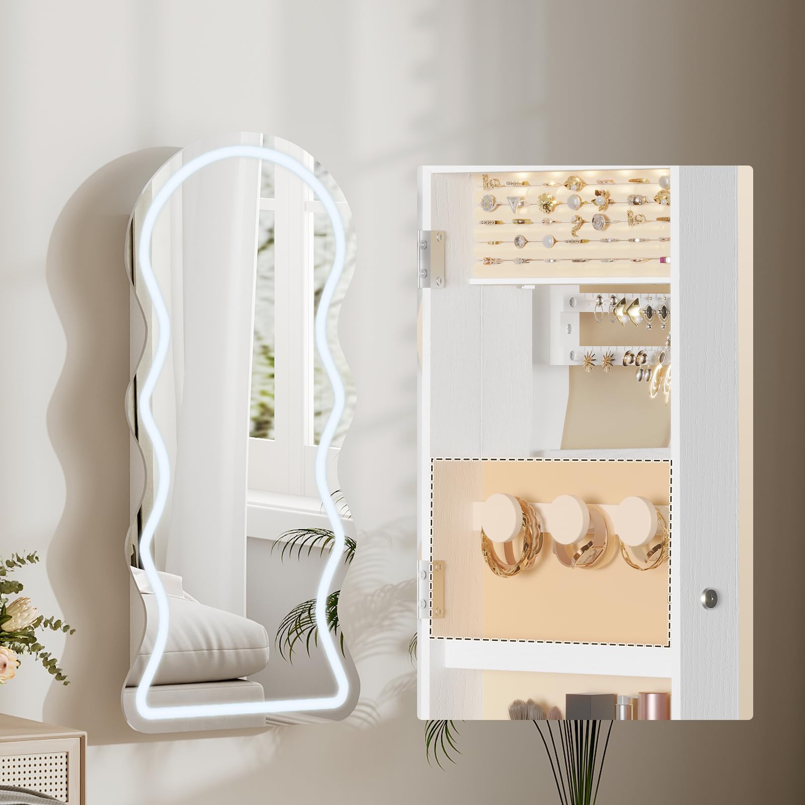 HOOBRO Armario Joyero de Pared con Iluminación LED y Espejo, Cerradura, Puerta Abatible, Blanco EWT08CDJC04