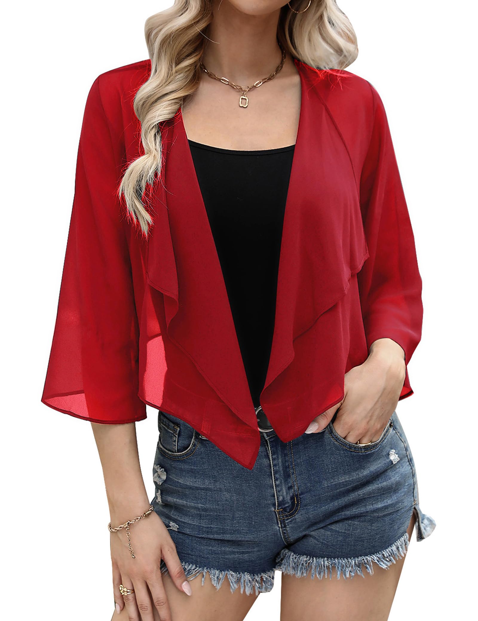 Aottori Damen Bolero Chiffon Bolerojacke Elegant Sommer Cardigan Kurze Leichte Schulterjacke Festliche Shrug Transparent Bettjäckchen mit 3/4 Ärmel