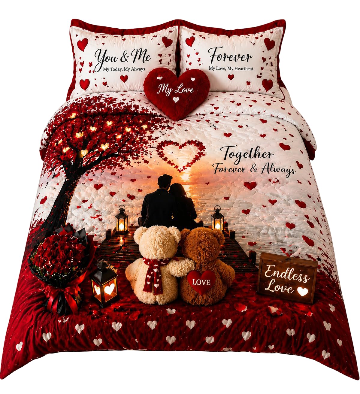 ADIDEV Romantic Couple Bedsheet Set with Heart Design & Teddy Print | Valentine Love Theme Double Bed Bedding Set with Pillow Covers-image-39