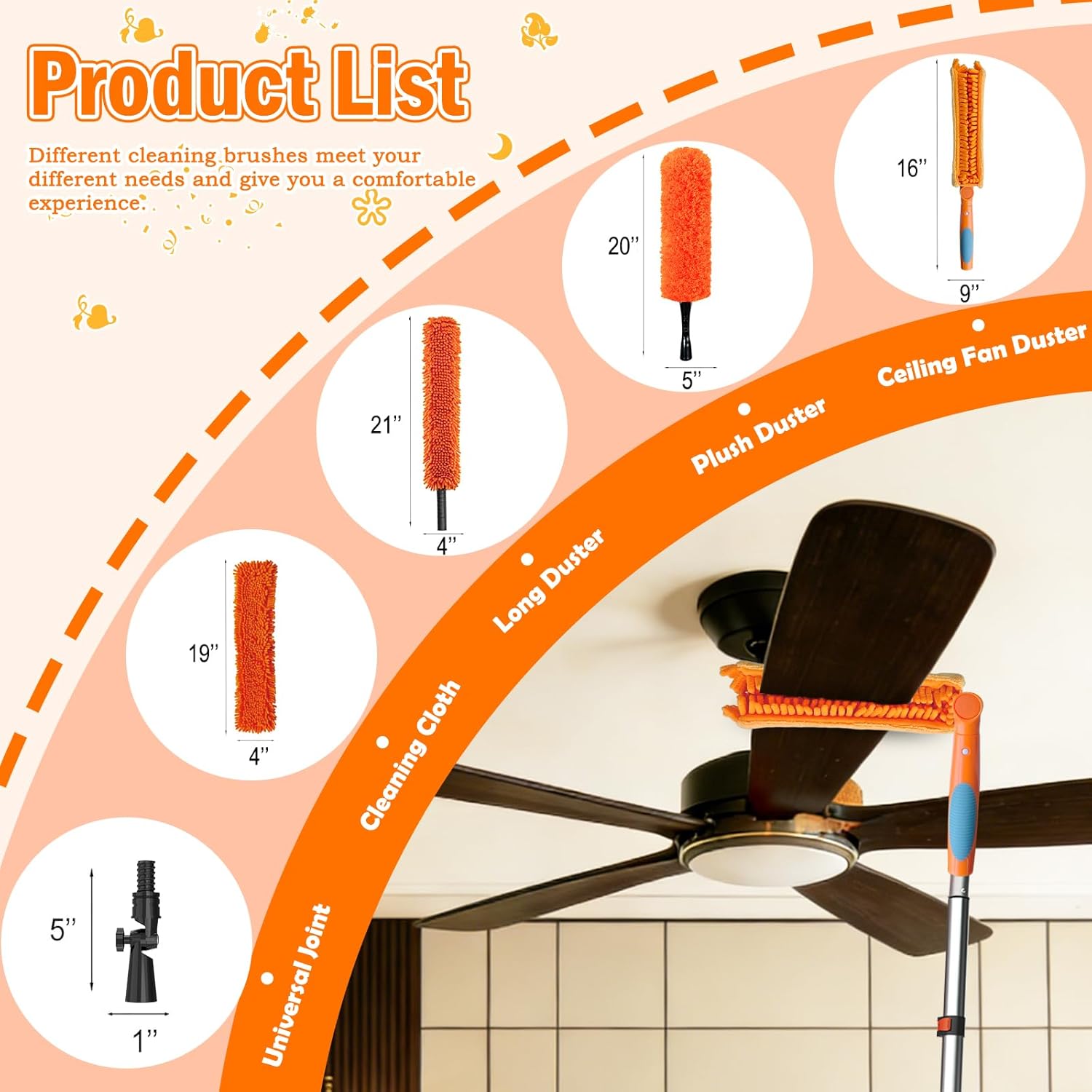 26FT Reach Ceiling Fan Cleaner Duster, Fan Blade Cleaner Kit with 5-20FT Extension Pole, Microfiber Duster & Replaceable Cleaning Cloth for Blades, Ceiling, Furniture