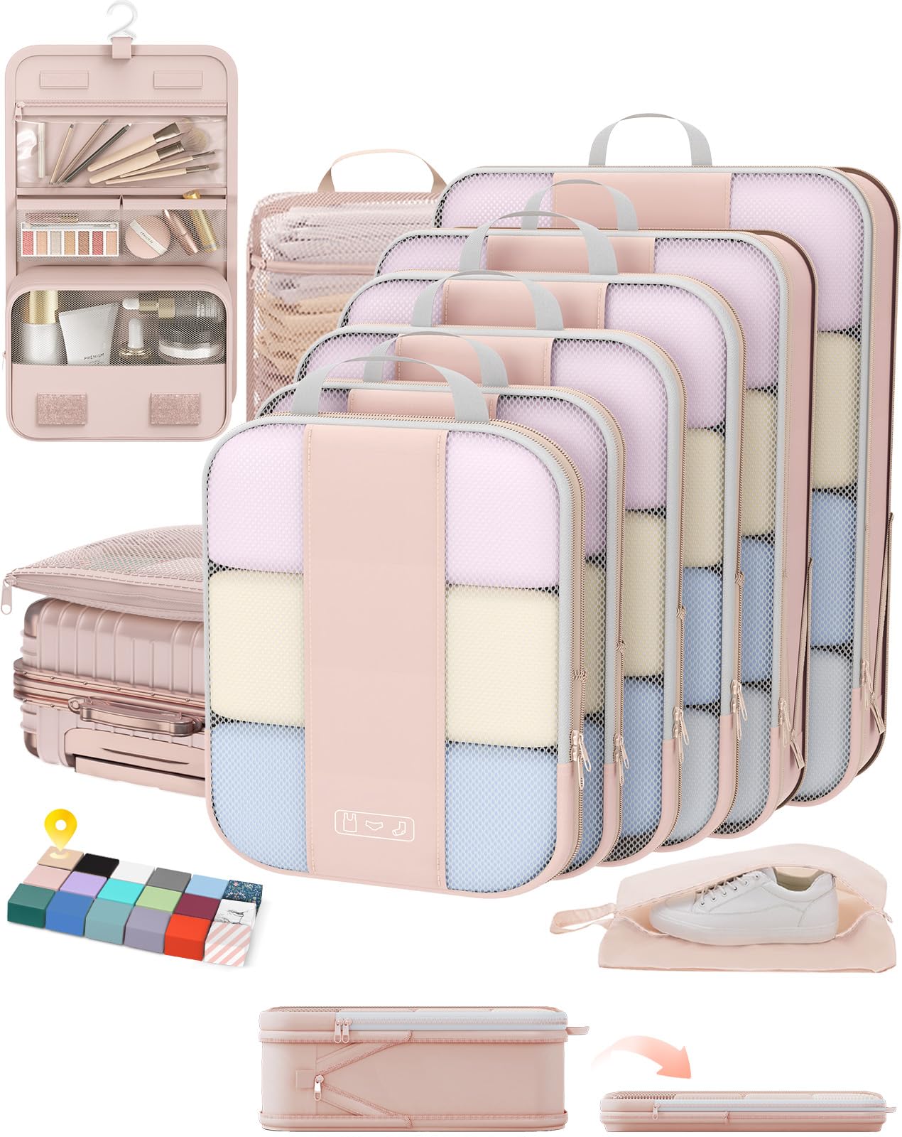 10 Set Compression Packing Cubes for Travel Women Mom,OlarHike Luggage Clothes Storage Gifts for Travelers,Airplane/Cruise/Car/Train Travel Essentials,Compressible Expandable Saver Space Bags(Beige)