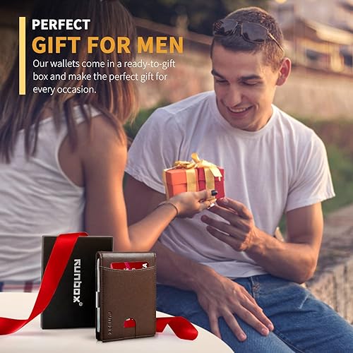 Miniatura 6 de RUNBOX Billeteras delgadas con clip de dinero para hombres, de cuero minimalista, plegable, bloqueo RFID, cartera de bolsillo frontal para hombre,