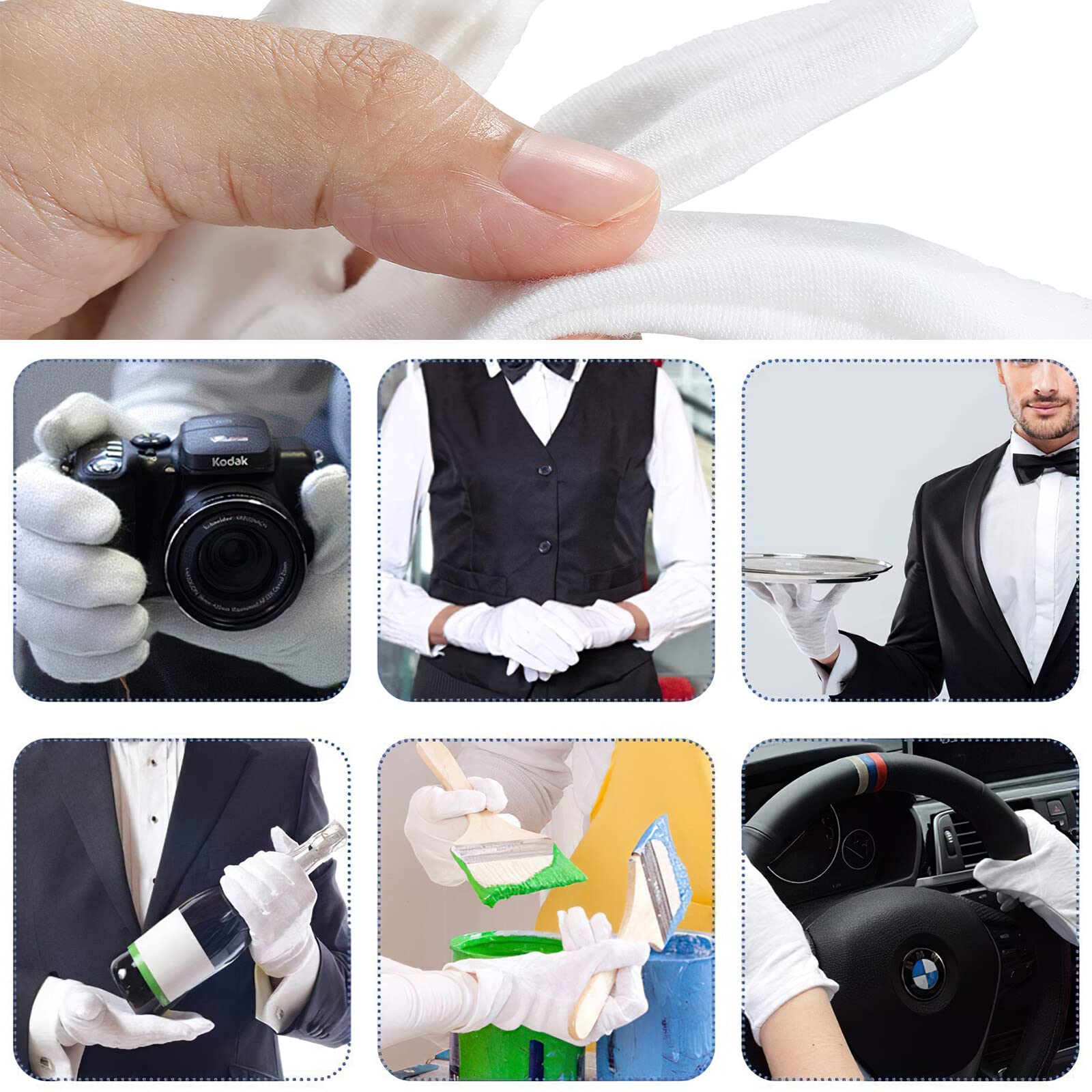 Lot de 72 Gants en Coton Blanc de Protection - Confortables et Respirants pour les Soins de la Peau - Chiffon Lavable et Extensible Multi-Usages