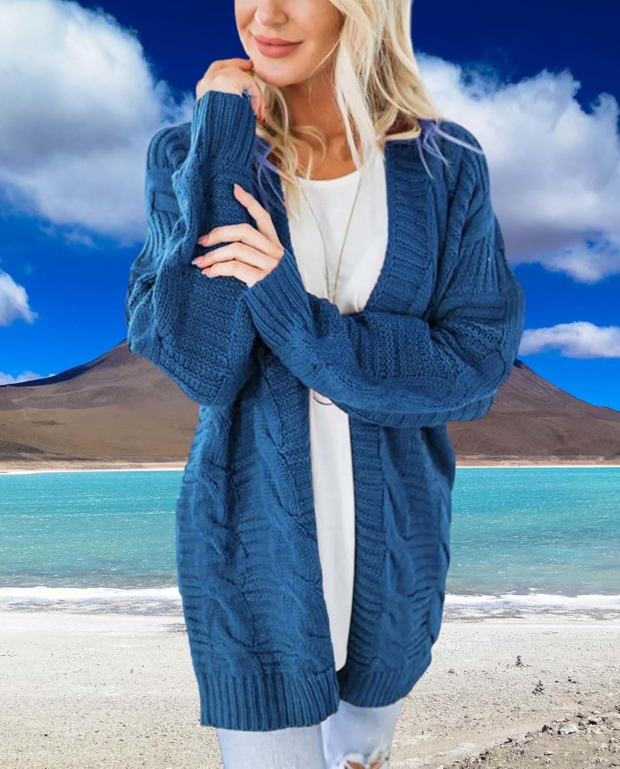 Long Sleeve Cable Knit Womens Cardigan Oversized Long Sweater Loose Casual Solid Color Mid Length Chunky Style - Image 5