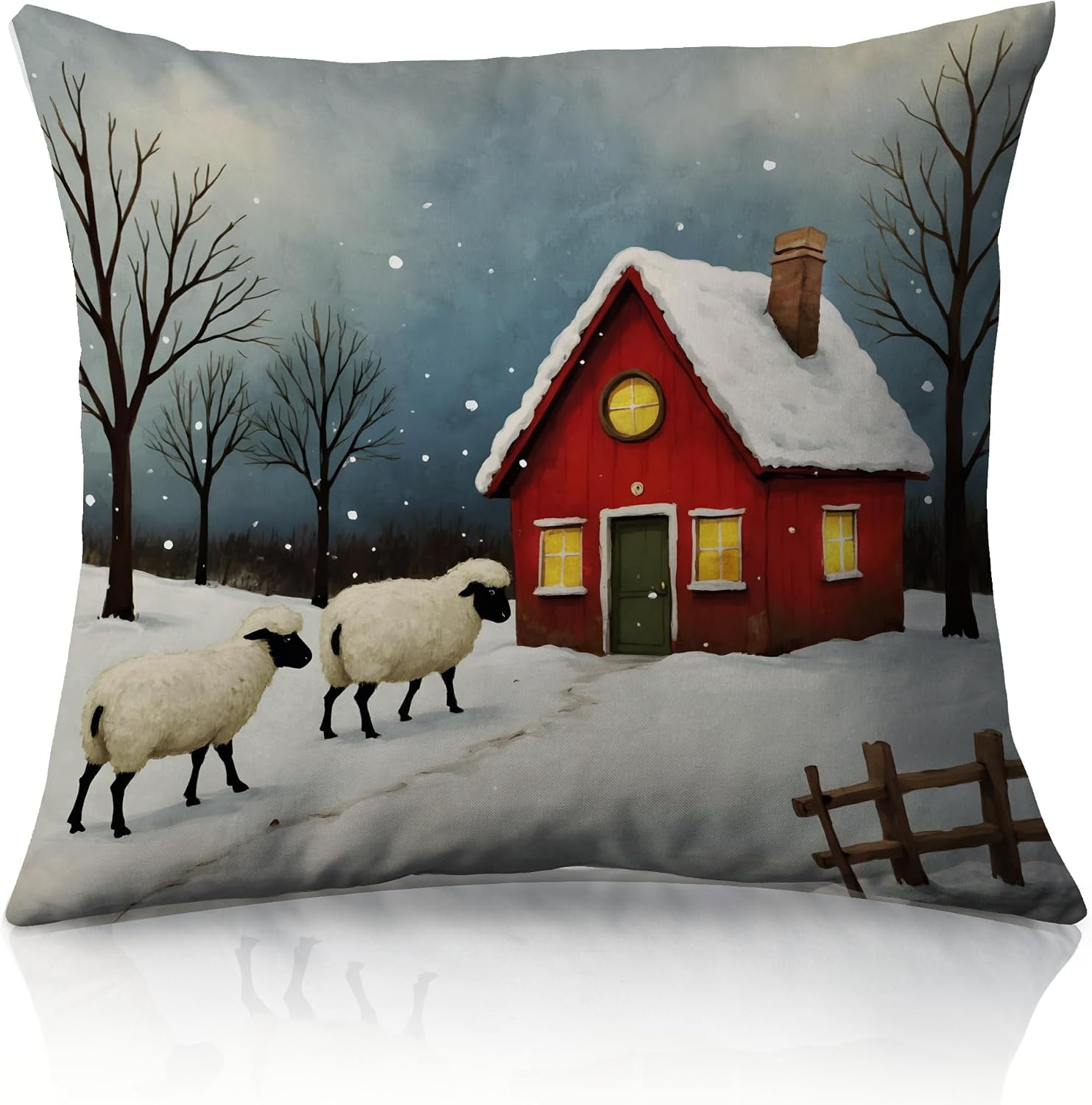 Christmas Pillow Cover 18x18 Inch, Winter Farmhouse Throw Pillow with Snowy House and Sheep, Holiday Home Decor for Couch Sofa, Festival Gift Idea
