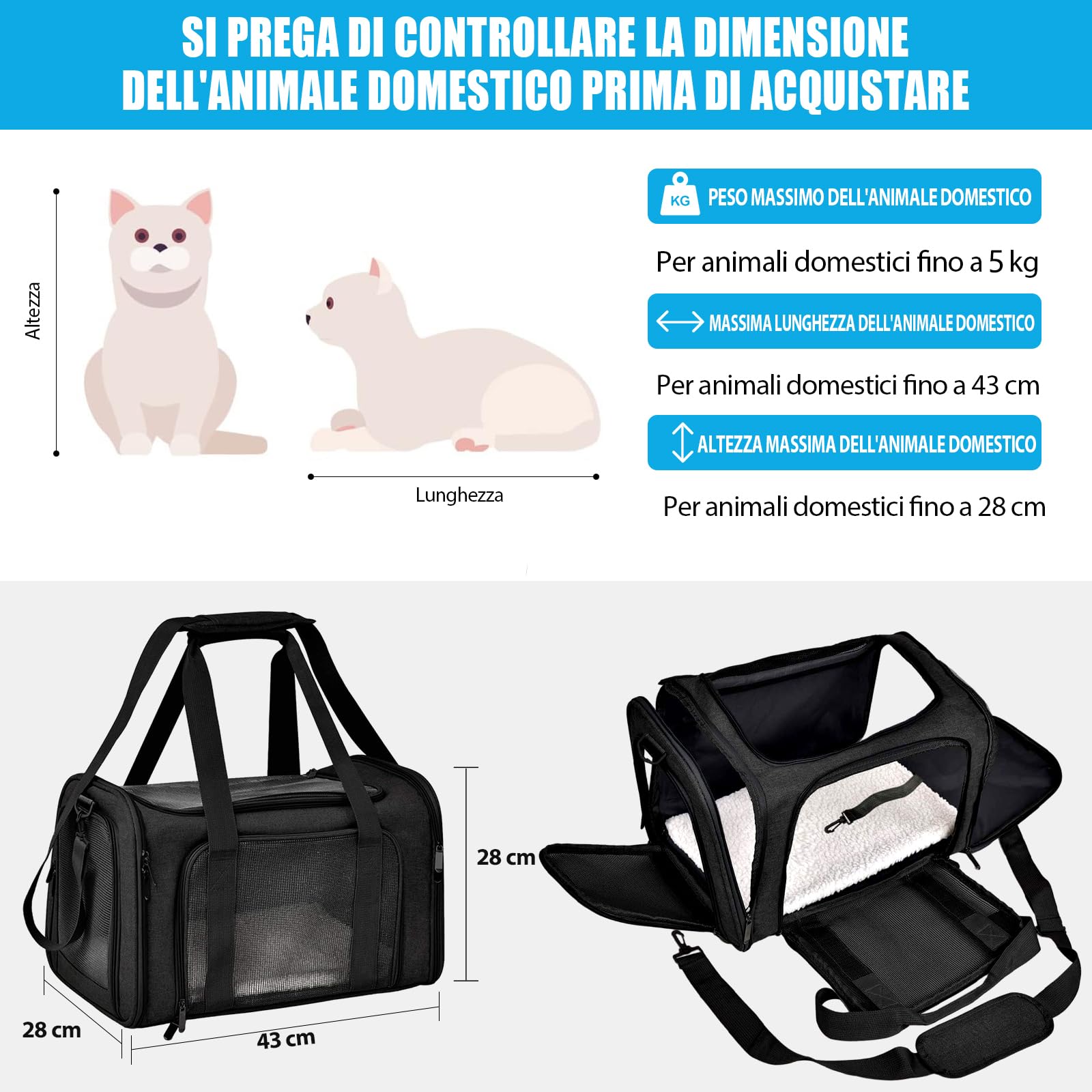 Trasportino per Cani e Gatti, Gabbietta per Animali Domestici, Tappetino Lavabile Rimovibile, con Tracolla per il Trasporto, Borsa Ripiegabile Viaggio Sull' Aereo (Nero)L 43 x B 28 x H 28 cm