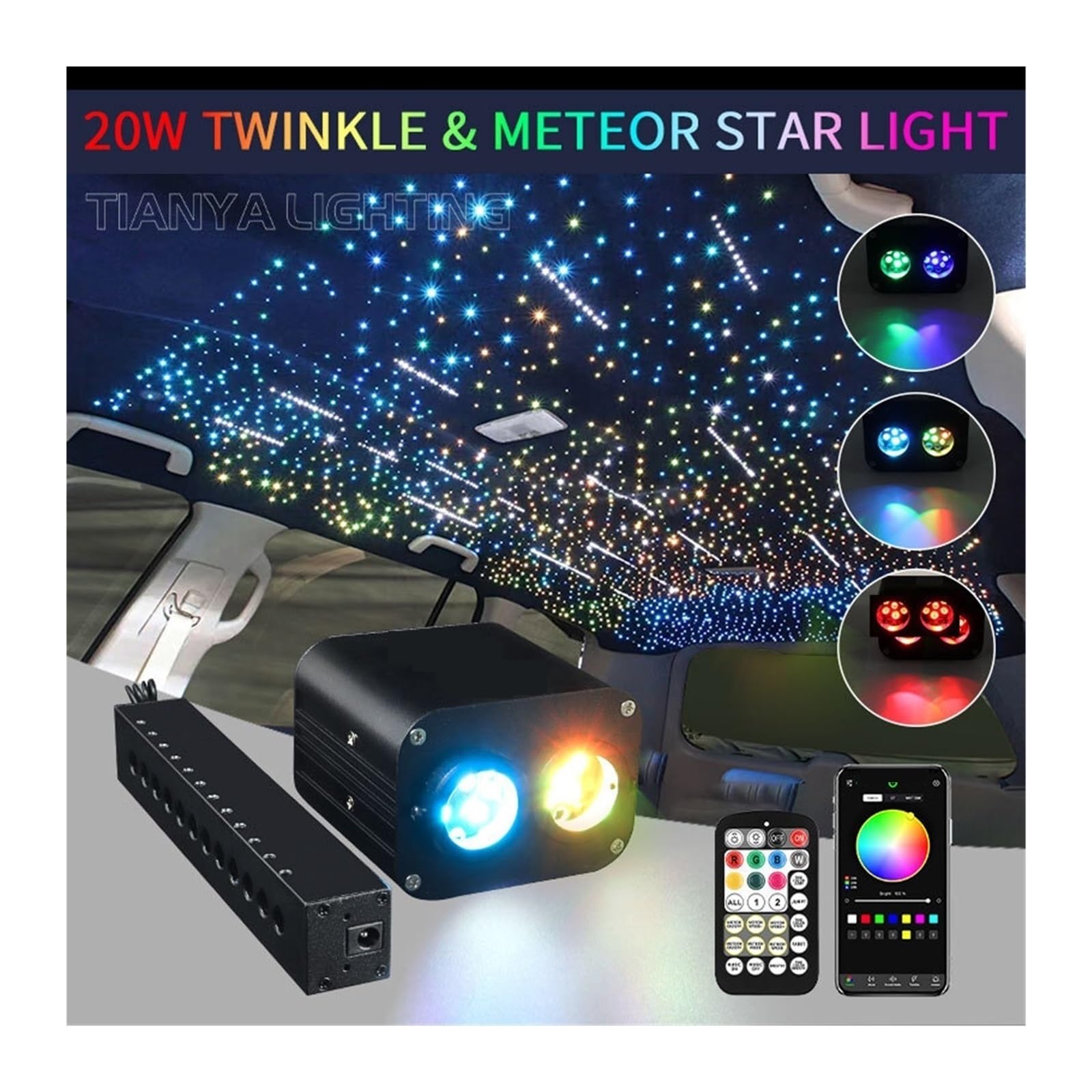 20W Meteor Twinkle Starry Sky Car Star Lámpara De Techo Techo Led Fibra Óptica Luz Detección De Música Luz Ambiental Control De Doble Color