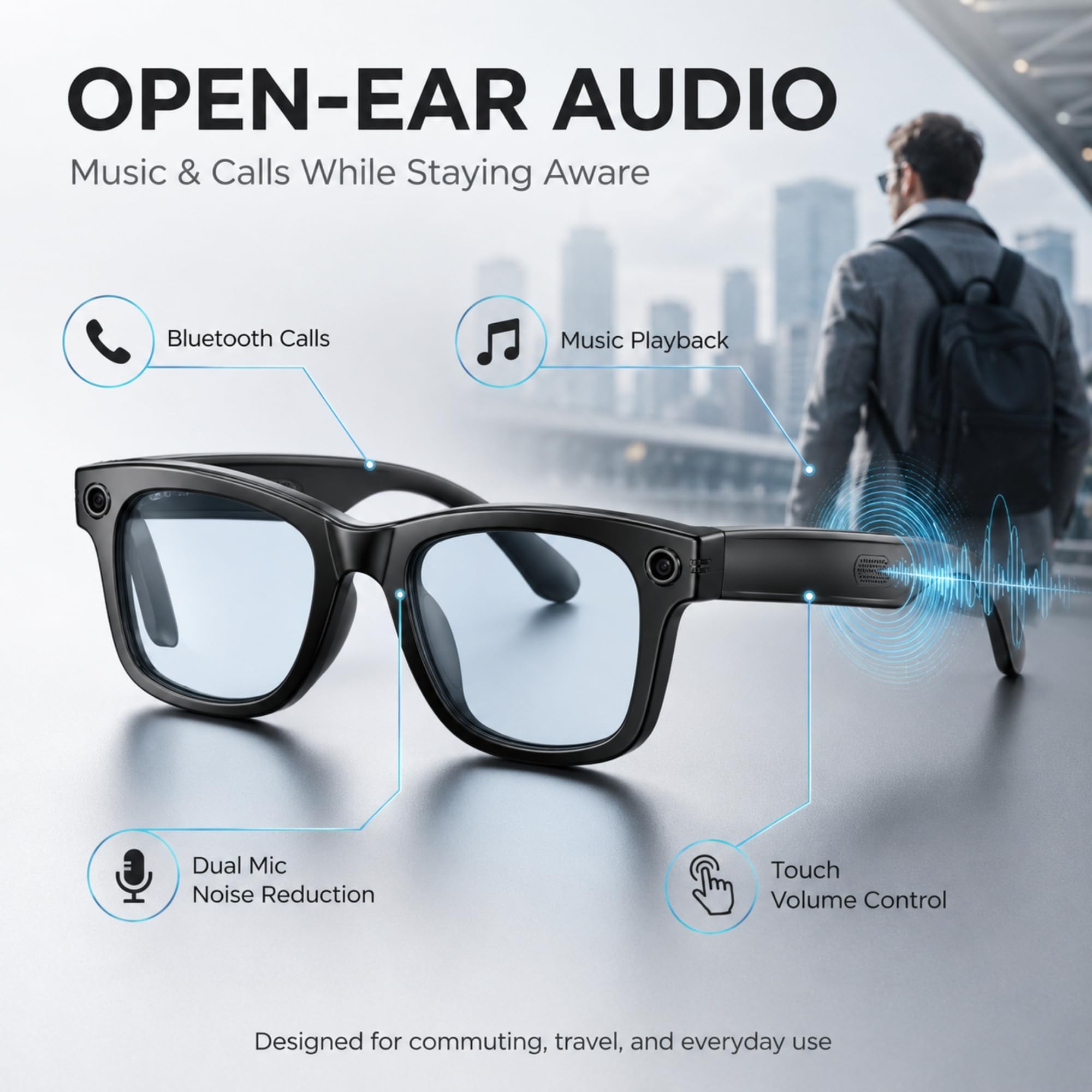 W-Direct Smart AI Camera Occhiali con 8MP HD Video (Anti Luce Blu) - Bluetooth 5.3 Open Ear Audio & Trasferimento WiFi - Occhiali da sole intelligenti indossabili mani libere