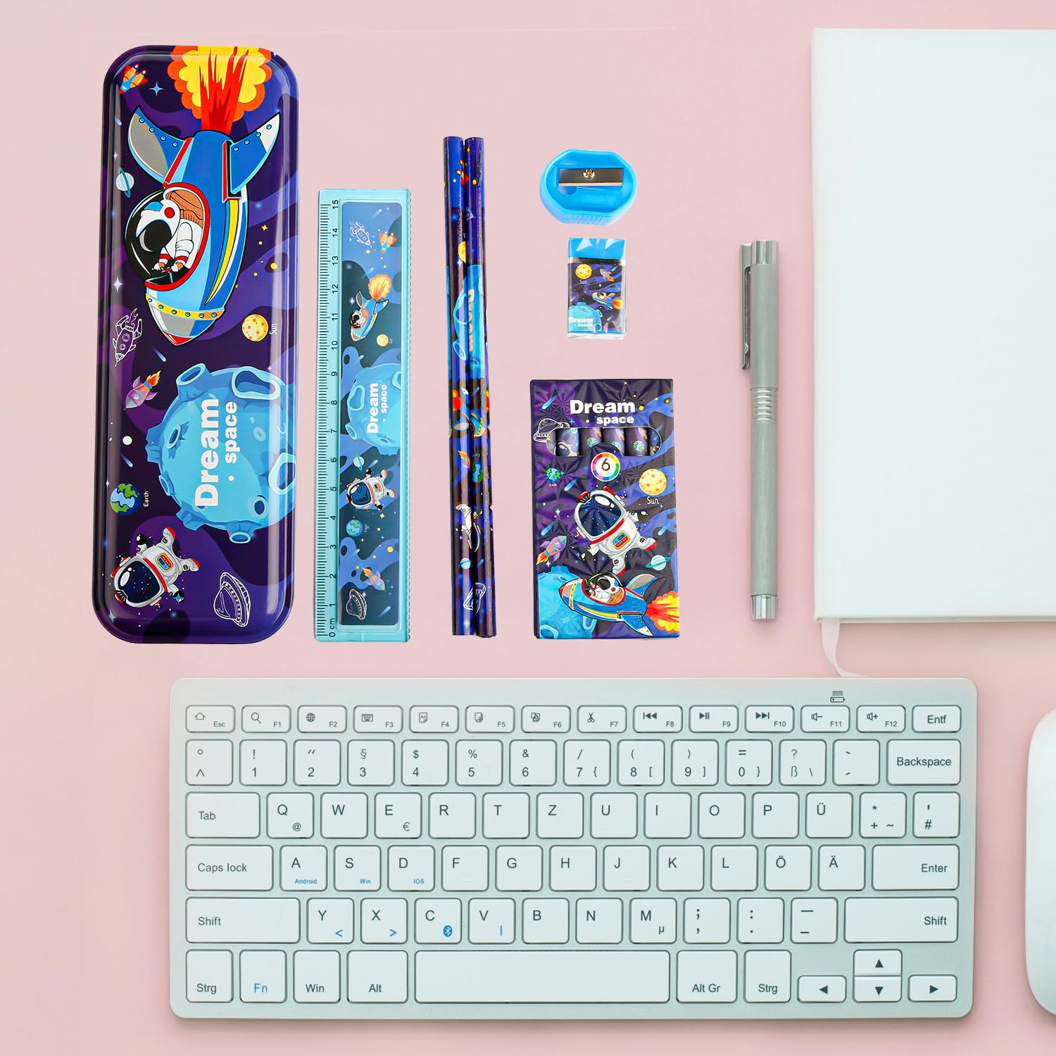 Rumyve Stationery Set,Cute Cartoon School Stationery Gift Set for Children Girls Boys with 1Pcs Pencil Case,2Pcs Pencil,6Pcs Crayons,1Pcs Rulers,1Pcs Eraser,1Pcs Pencil Sharpener(Space) - Image 3