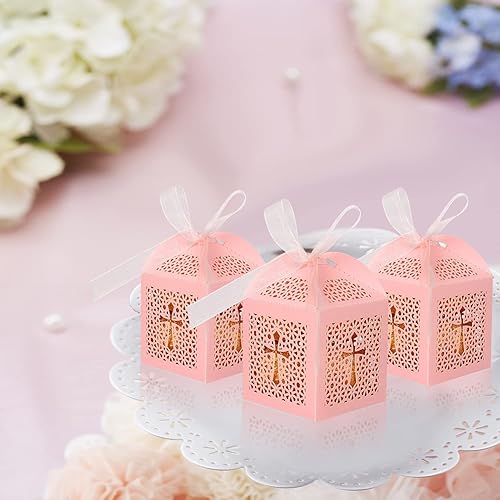 Miniatura 2 de KPOSIYA Paquete de 70 cajas de recuerdos de bautizo, cajas de dulces cortadas con láser con cintas, cajas de regalo pequeñas para baby shower,