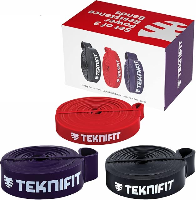 Teknifit Set of 3 Pull Up Resistance Bands - Full Body Workout and Home Fitness Solution - Red, Black & Purple Power Bands