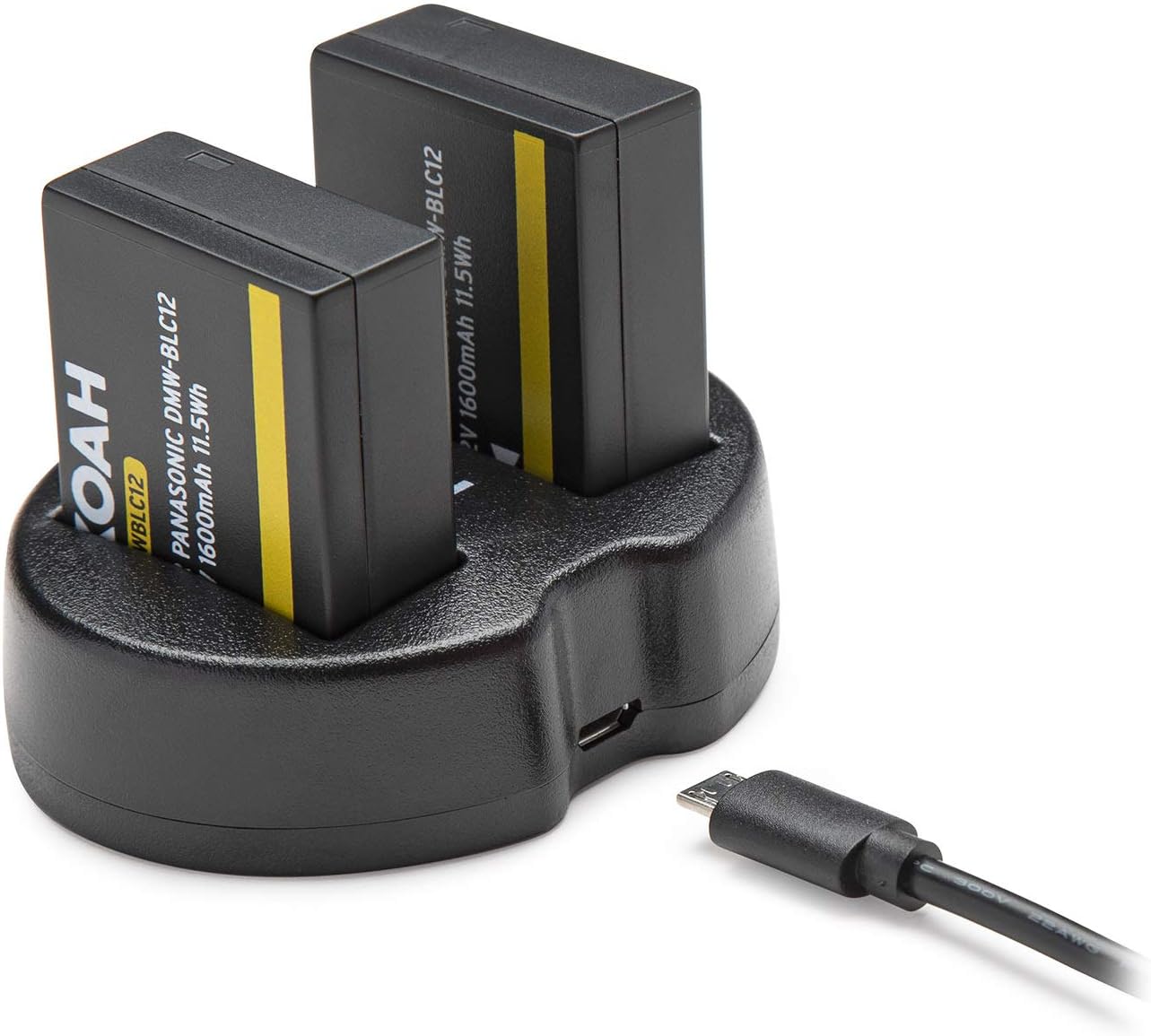 Koah PRO Panasonic DMW-BLC12 Two-Pack Rechargeable 1600 mAh Battery (Fully Decoded) and Dual Portable Charger, USB charging output for digital camera, long lasting Japanese cell high voltage batteries