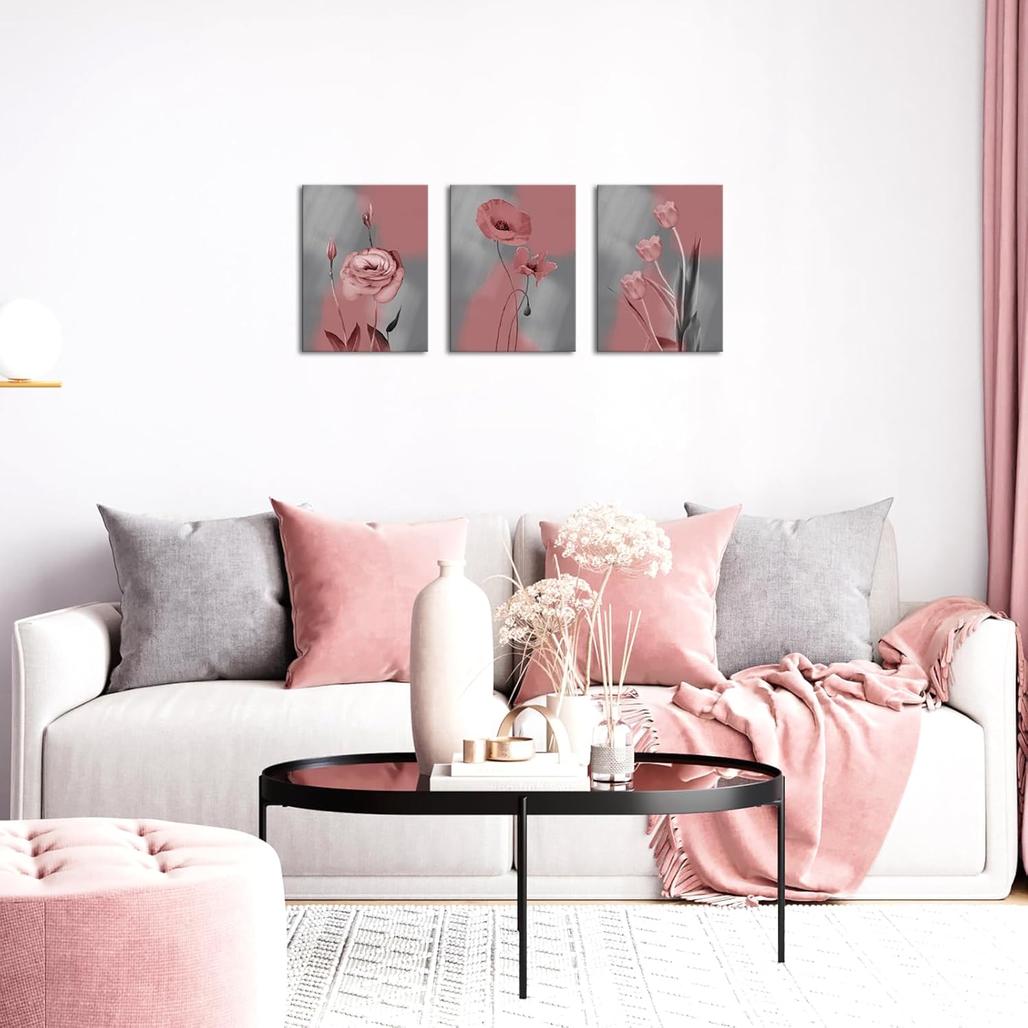 WELMECO Canvas Wall Art Decor Pink and Grey Flowers Prints Gallery Wrapped Ready to Hang Modern Home Office Living Room Bedroom Decoration