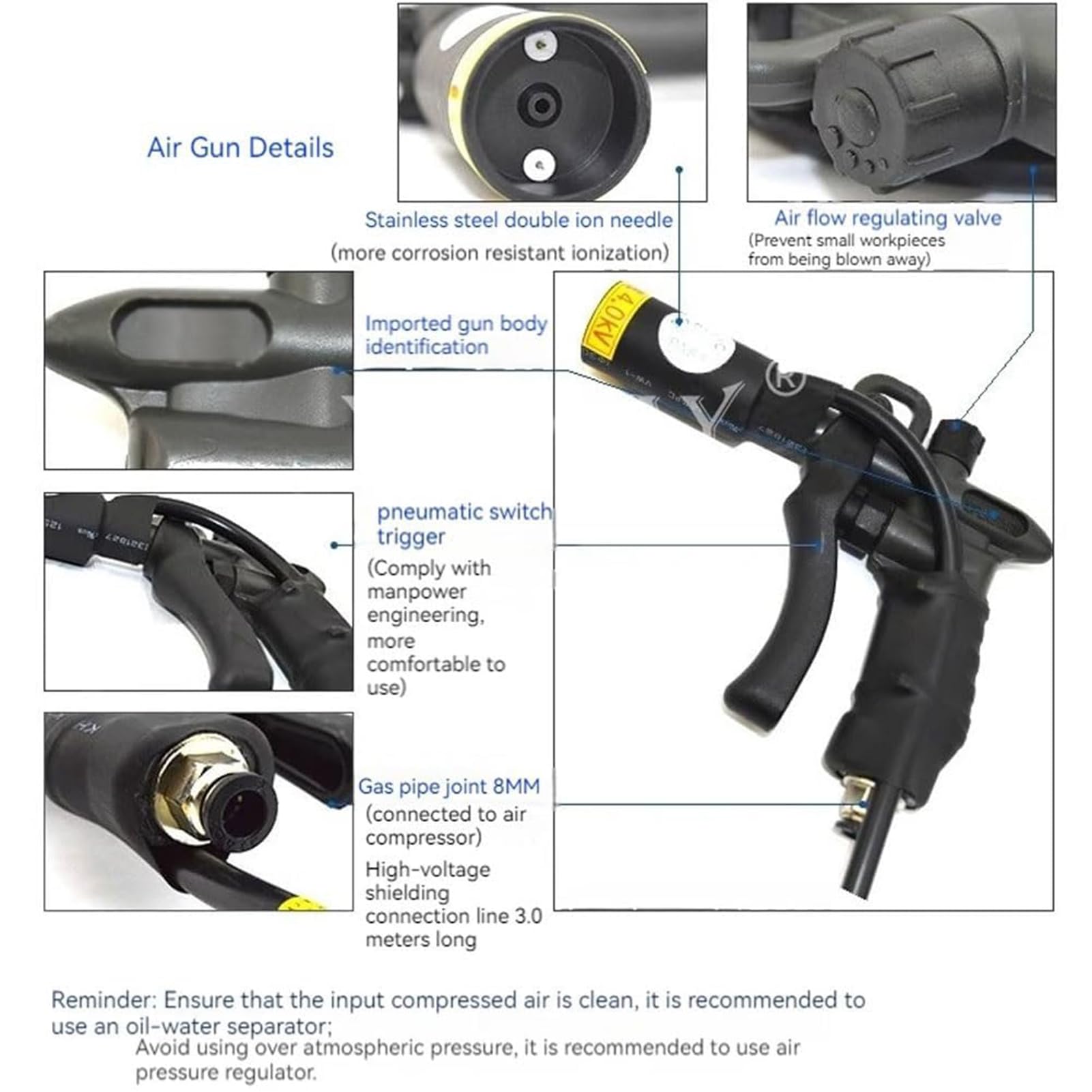 Pistola de Aire Ionizante Antiestática, Pistola de Aire Antiestática con Tecnología Ionizante, para Eliminación Estática Industrial, Reparación Electrónica