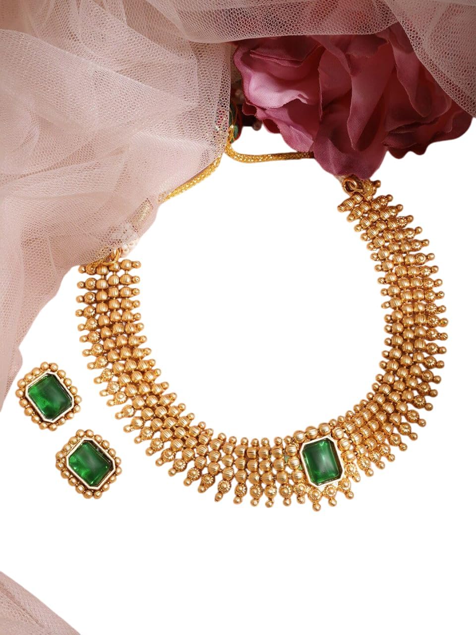 22K Gold-Plated Emerald Green Stone Studded Choker Necklace Set With Gold Beads-DMZ-2723