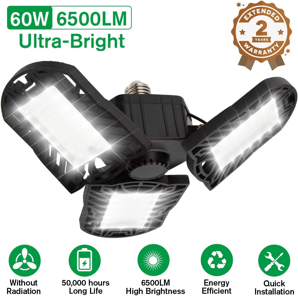 LED Garage Lights,60W LED Garage Ceiling Lights Deformable Garage Light with 3 Panels Adjustable 6500LM White E26 LED Shop Light Tribright LED Lights for Garage Basement Barn Workshop Warehouse Barn