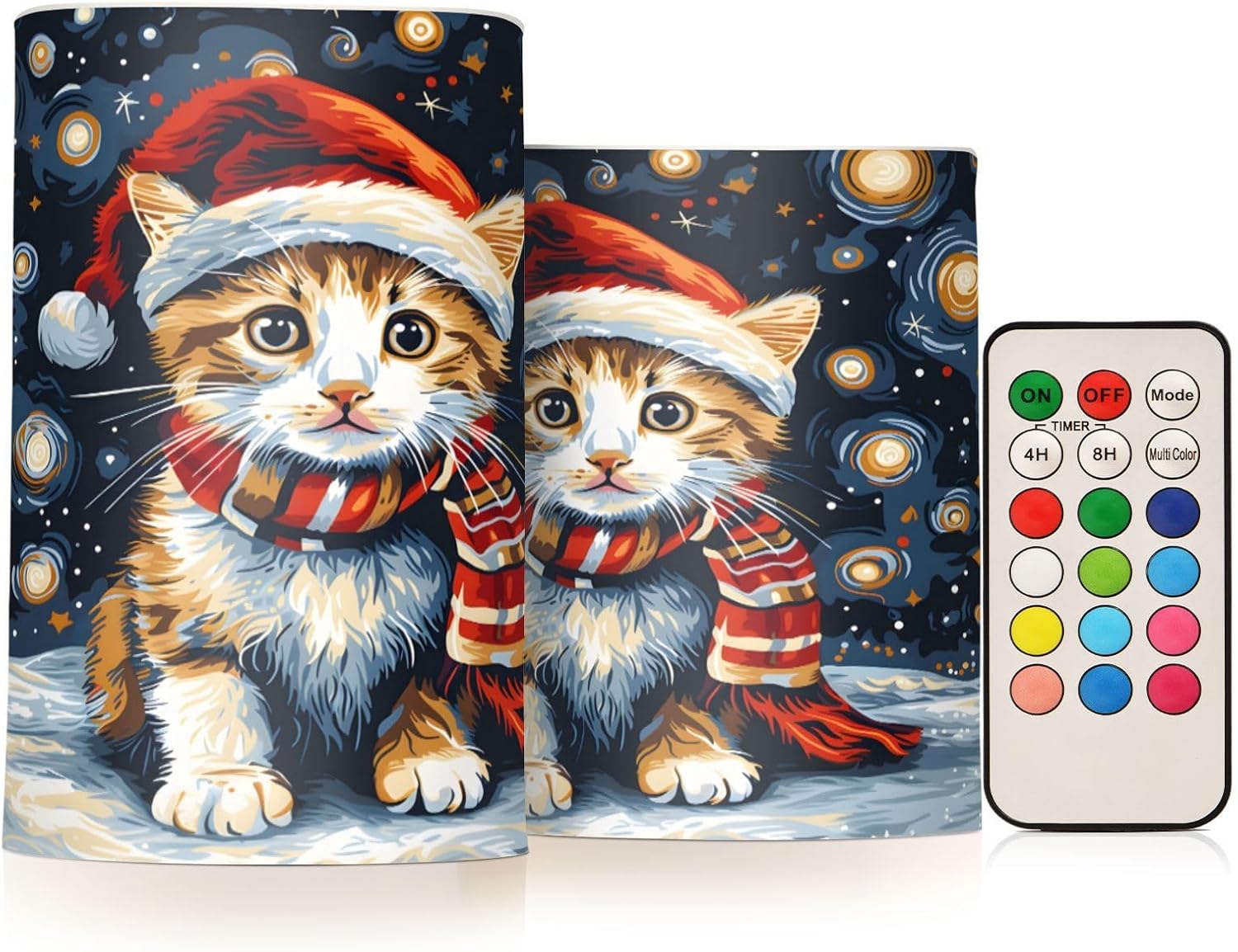 ALAZA Cat Santa Claus Hat Flameless Candles, LED Pillar Candles with Remote Timer, Battery Operated Candles Set of 2