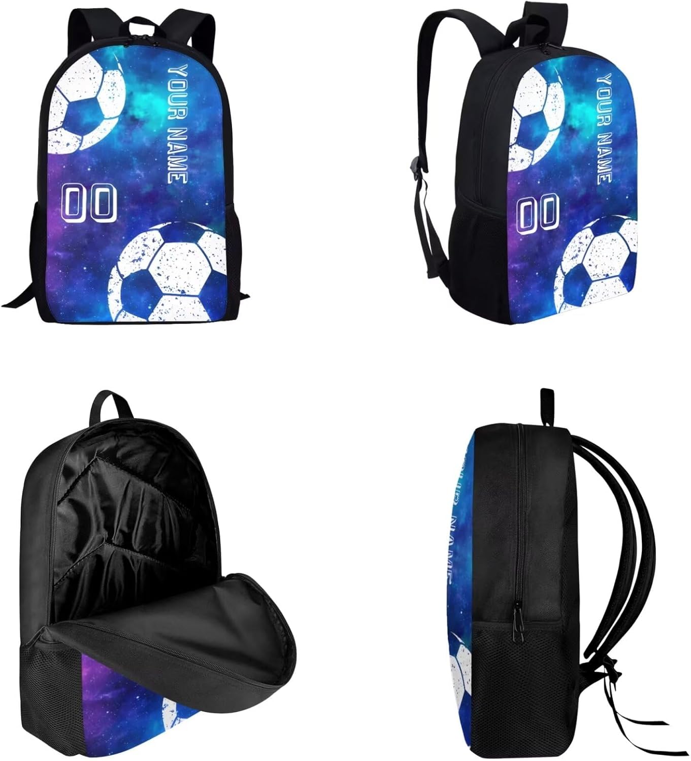 Personalized School Bookbag Set for Boys Girls, Galaxy Soccer Print Backpack Set with Lunch Shoulder Box and Pencil Case Customize Your Text Name Logo, Kids School Backpack Set