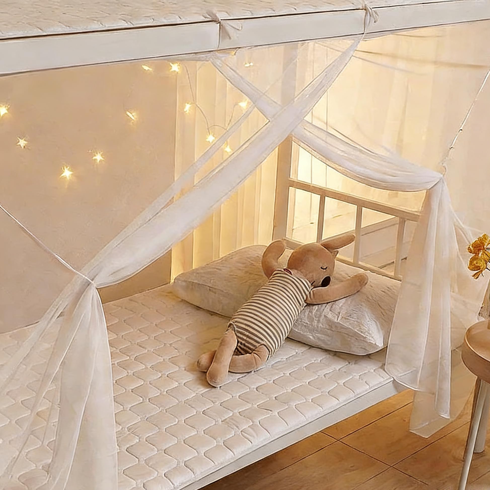 Bed Canopy with LED Star Lights, Black Canopy Bed Curtain with RGB Color Changing String Lights with Smart App Control Remote for Princess Girls Bedroom, Suggested for Twin Full Queen King Bed: White-1 Opening