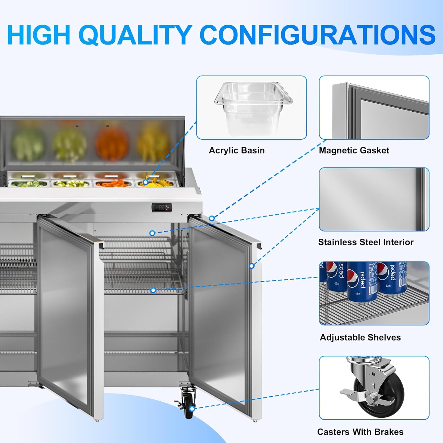 72" W Commercial Sandwich Prep Table Refrigerator, 21.2 Cu.ft 3 Doors Stainless Steel Salad Prep Table with 16 Pans, Commercial Salad Prep Station for Restaurant, Bar, Shop, ETL Approved