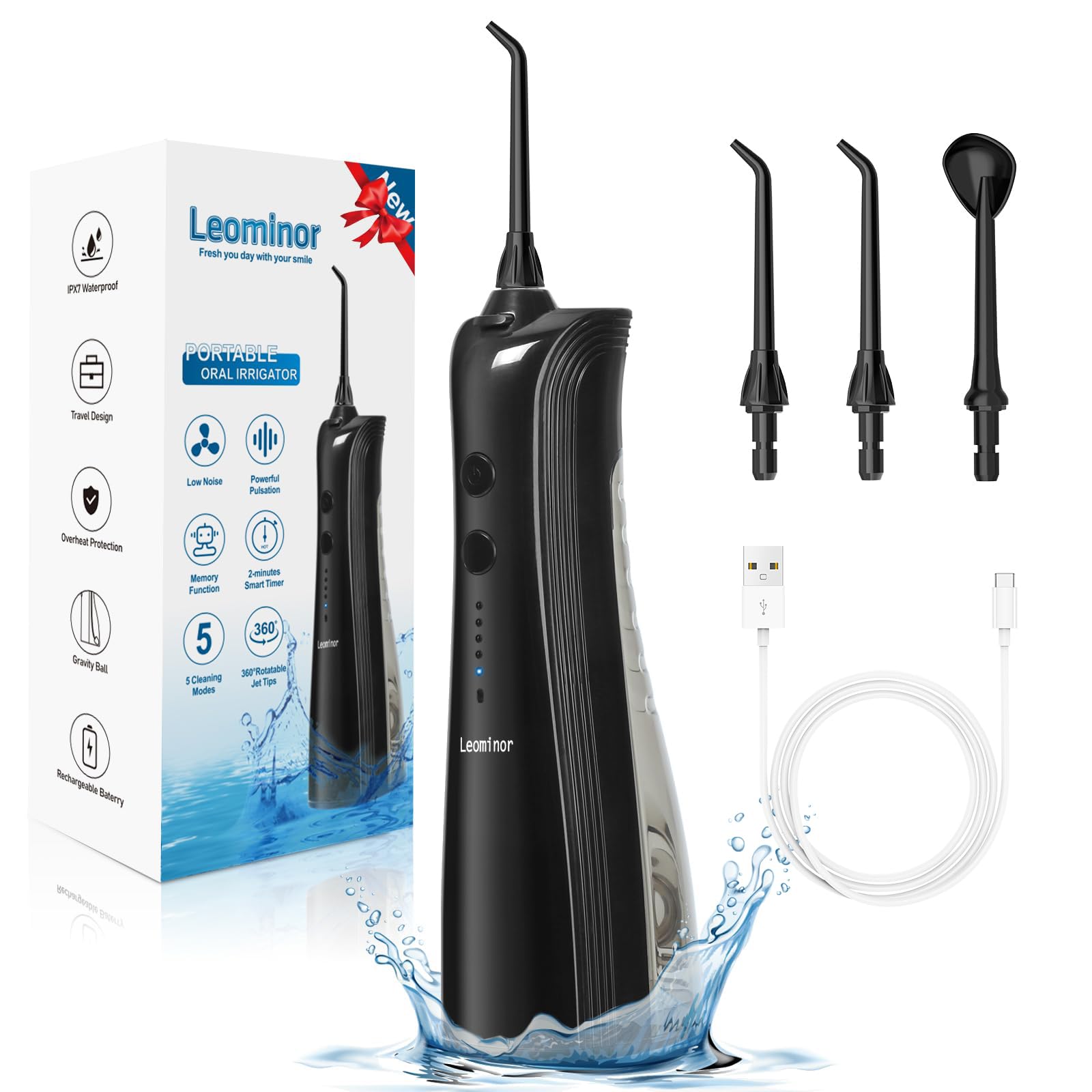 Leominor Water Dental Flosser Pick for Teeth - 5 Modes Cordless Portable Water Teeth Cleaner IPX7 Waterproof Oral Irrigator Rechargeable, Professional Flossing Cleaning Picks for Home Travel
