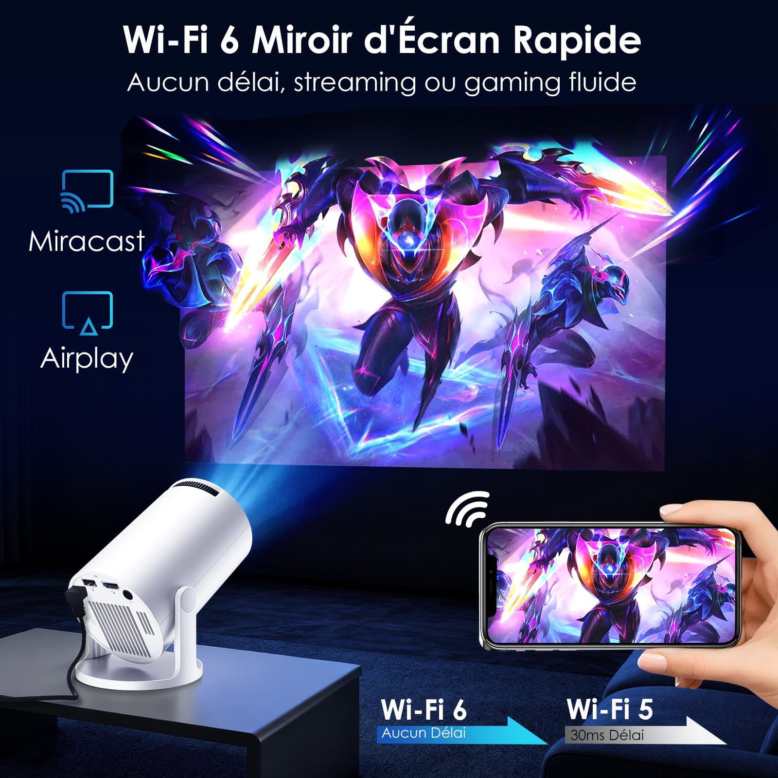 WOLFANG Mini Projecteur【Applis Intégrées & Wi-FI 6】 Videoprojecteur HD 1080p avec Bluetooth et Trapézoïdale Verticale Auto, Retroprojecteur à 180° pour la Chambre, Compatible iOS/Android/PC/TV Stick