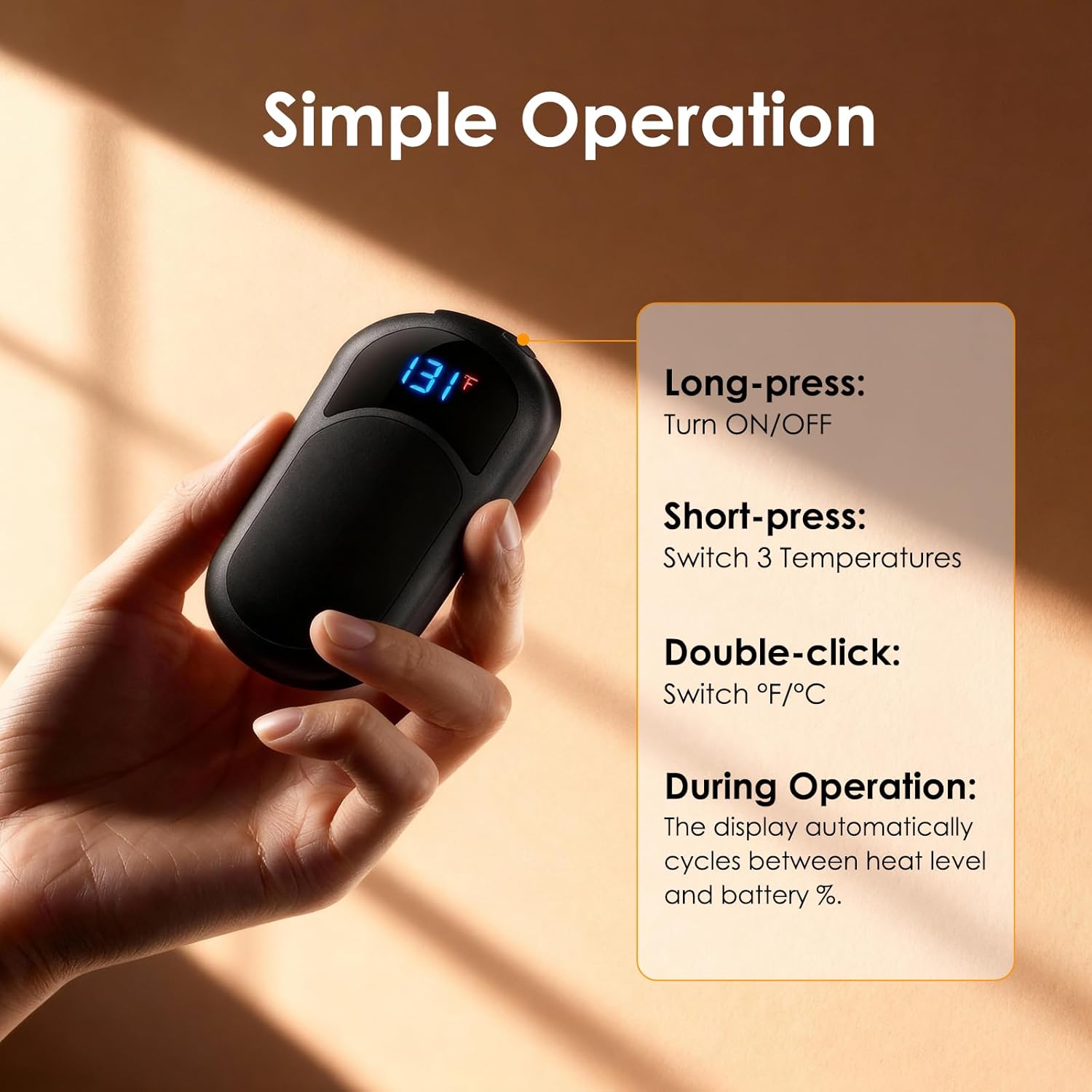 A hand holding a ropelux HW-06 hand warmer, showing instructions for long-press (ON/OFF), short-press (switch temperatures), and double-click (switch °F/°C).