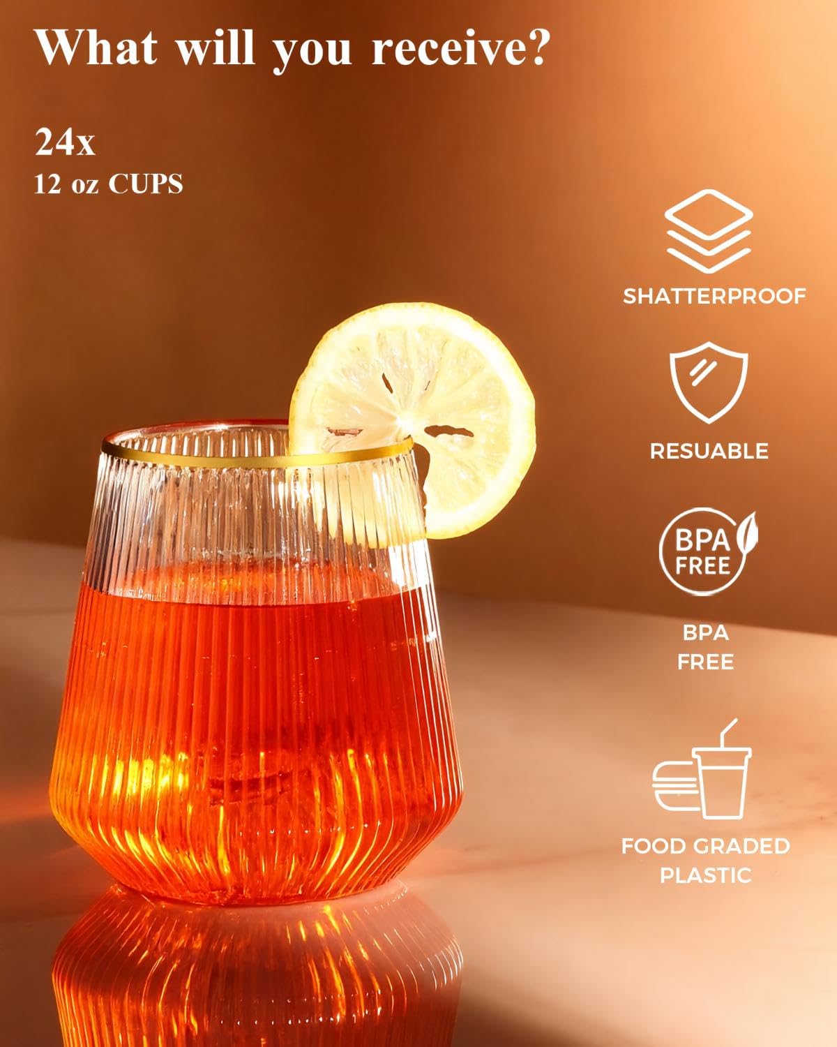 BESTSTAR 48Pack Gold Rim Disposable Ribbed Origami Ripple Plastic Glasses — Amazon image 5